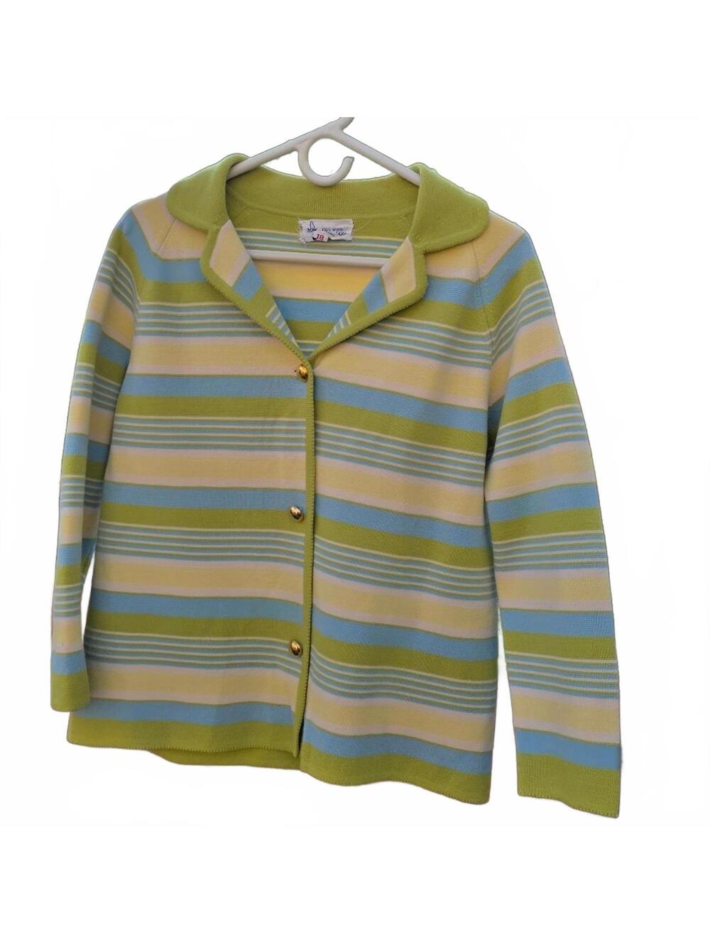 Women's Vintage Boxy Wool Sweater Green, Yellow, Blue gold buttons Med.